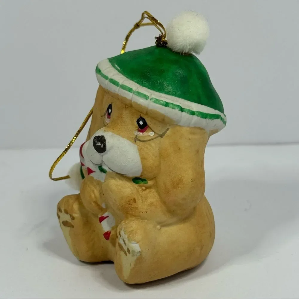 Vintage Happy Bear Bell Christmas Ornaments Dog Green Santa Hat Porcelain
